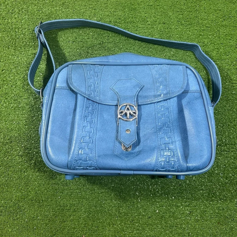 Vintage Blue Leather Duffle Bag 1960s Carry On Weekender American Tourister MINT